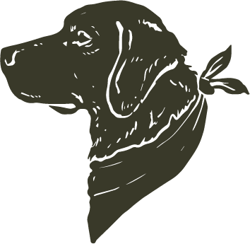 Silhouette of a dog's head in profile with a bandana tied around its neck.