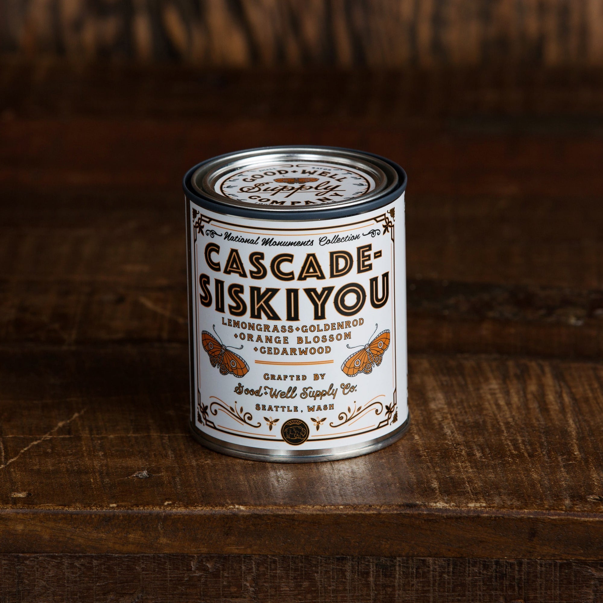 Good & Well Supply Co. Cascade-Siskyou Candle tin with a label on it.