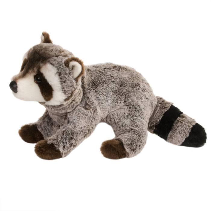 Ringo Raccoon, a plush stuffed animal from Douglas, lying down on a white background.