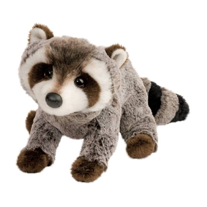 Ringo Raccoon, a stuffed animal from Douglas, sitting on a white background.