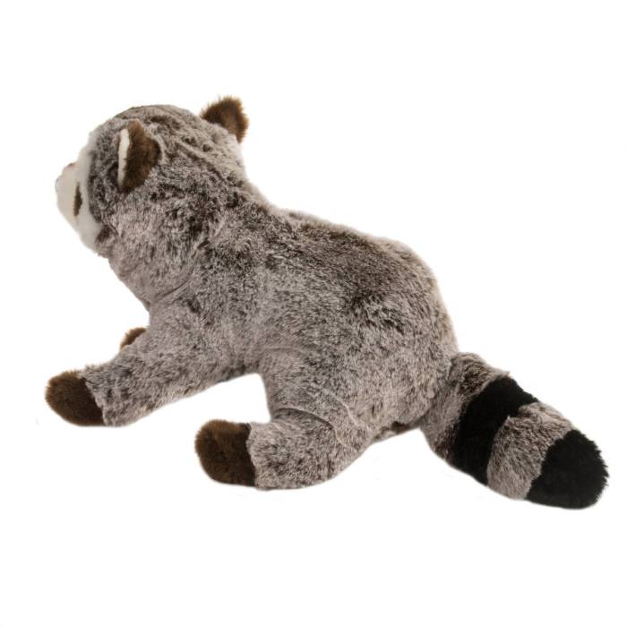 Ringo Raccoon, a Douglas stuffed animal, lying down on a white background.
