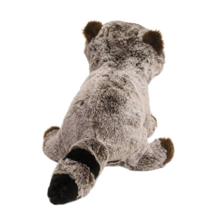 Douglas&#39; Ringo Raccoon, a plush stuffed animal, sitting down on a white background.