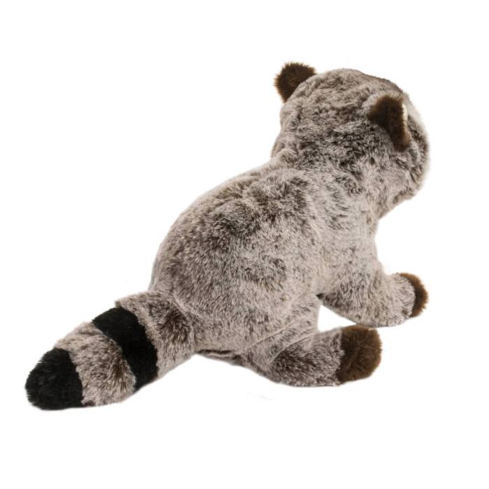Ringo Raccoon, a plush stuffed animal by Douglas, lying down on a white background.