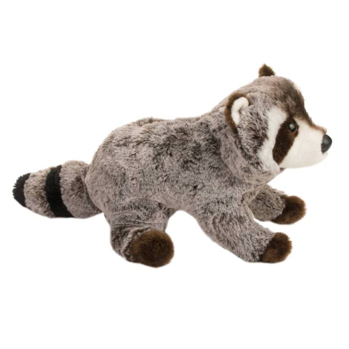 Ringo Raccoon, a Douglas plush stuffed animal, lying down on a white background.