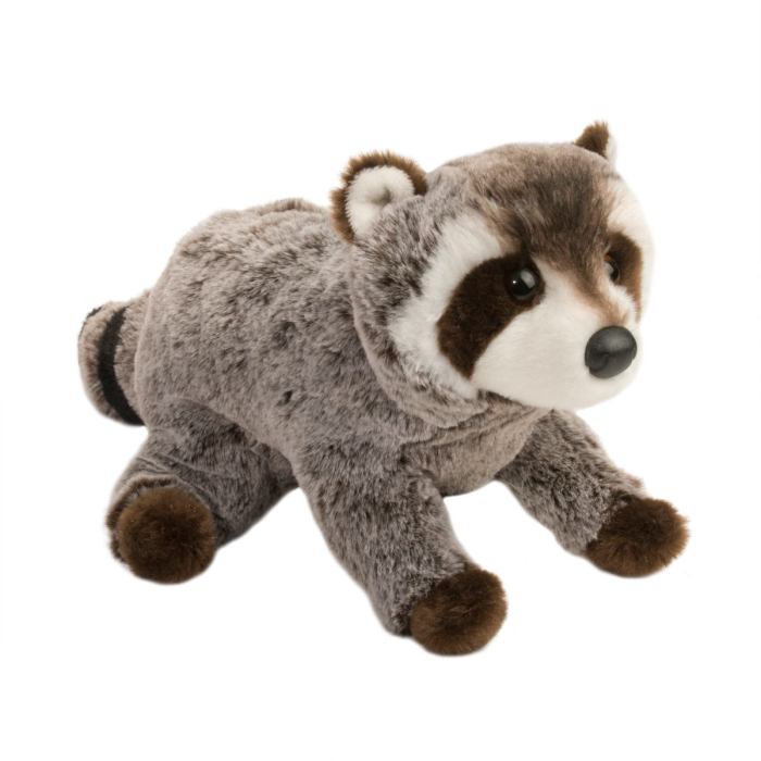 Ringo Raccoon, a plush stuffed animal from Douglas, lying down on a white background.
