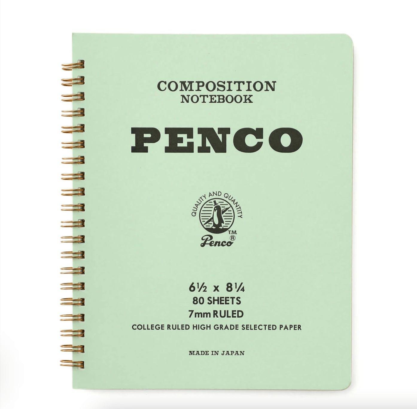 Green coiled Composition Notebook from PENCO. 6.5" x 8.25", 80 Sheets, 7mm Ruled, Made in Japan