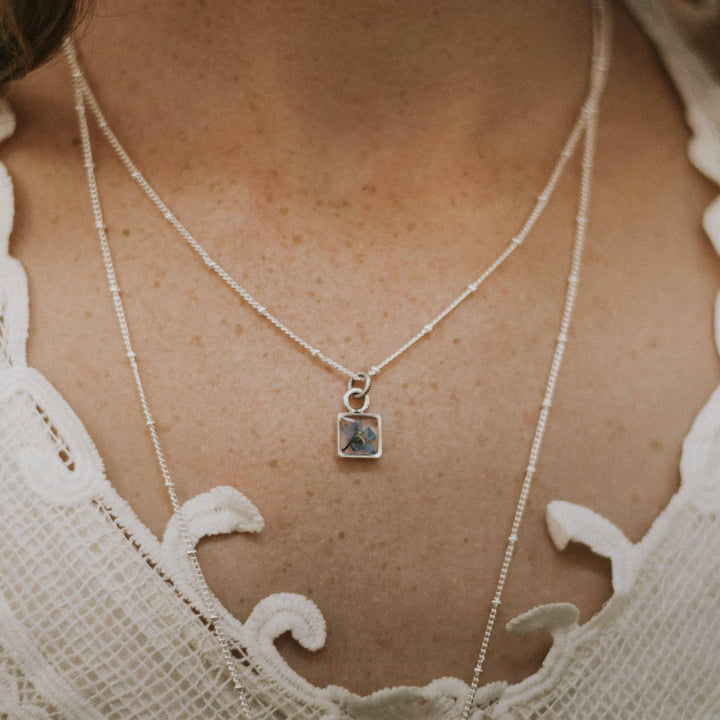 Tiny Square Pendant: Forgetmenot / Silver / 18" Plain Chain