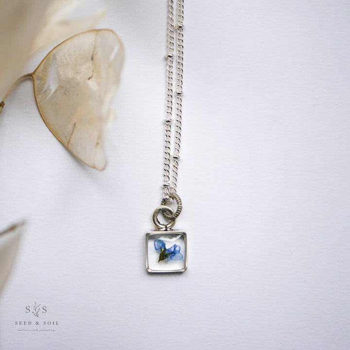 Tiny Square Pendant: Forgetmenot / Silver / 18" Plain Chain