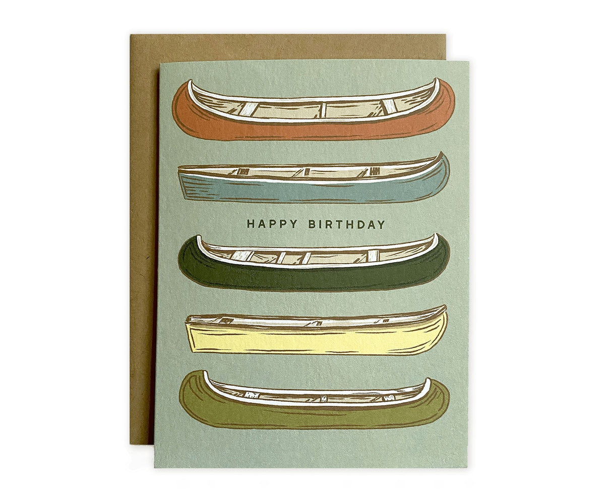 A Happy Birthday Canoe Greeting Card with canoes on it. (Brand: The Wild Wander)