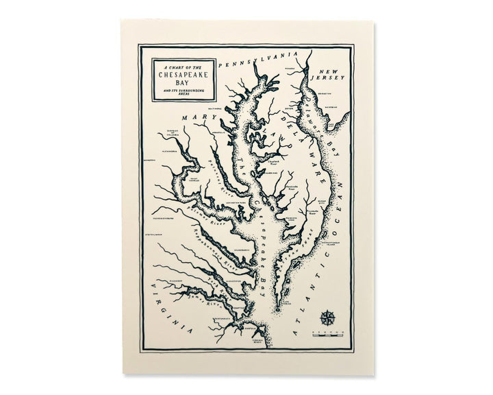 The Wild Wander's Chesapeake Bay Map Postcard features vintage-style artwork of the bay, detailed waterways, and surrounding areas like Maryland, Virginia, Pennsylvania, Delaware, and New Jersey. It includes a classic compass rose in the bottom right corner, ideal for a postcard keepsake.