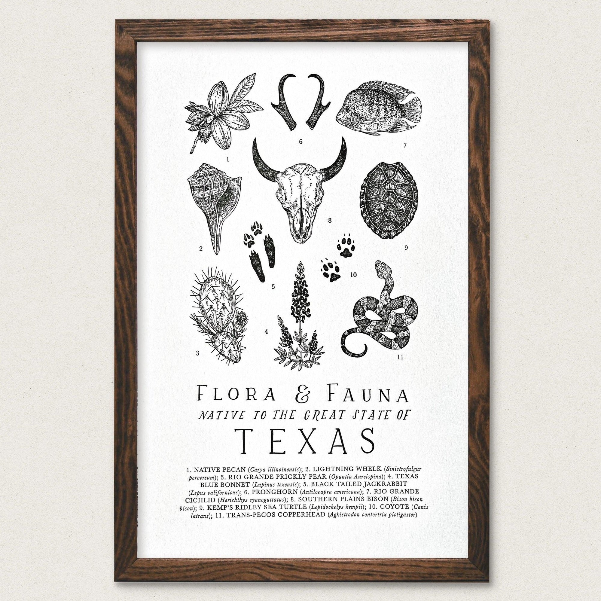 A black and white framed Texas Field Guide Letterpress Print of a texas wedding by The Wild Wander.