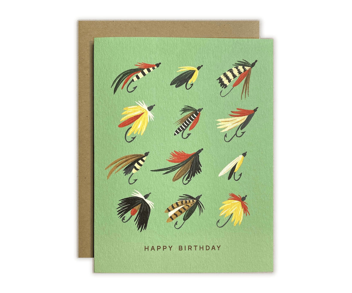 A Happy Birthday Fishing Flies Greeting Card with fishing flies on it from The Wild Wander.
