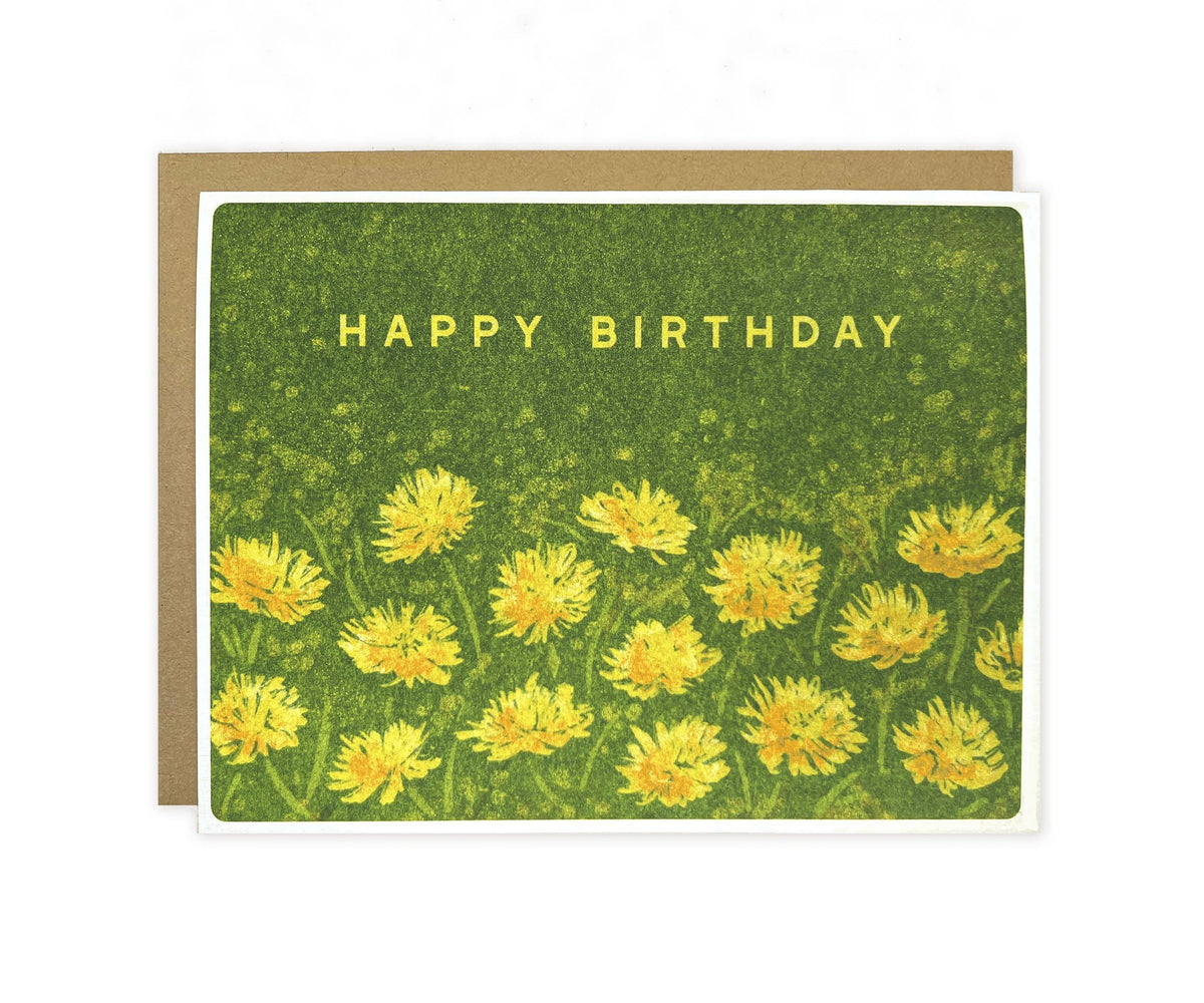 Happy Birthday Dandelions Greeting Card by The Wild Wander with yellow dandelions.