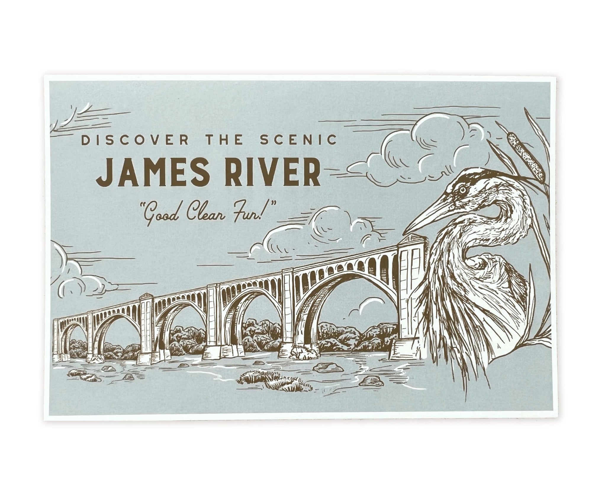 Discover the scenic James River with The Wild Wander's Good Clean Fun Postcard.