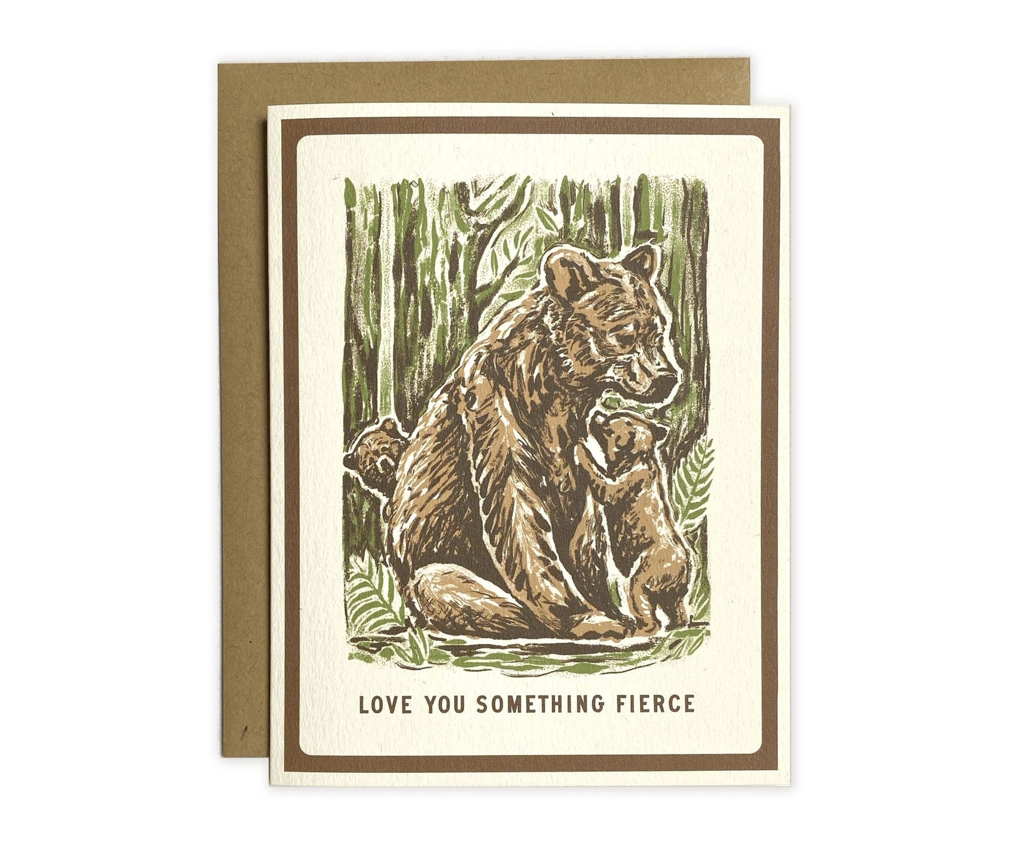 A Mama Bear Love You Something Fierce Greeting Card from The Wild Wander, with an image of a bear and a bear cub.