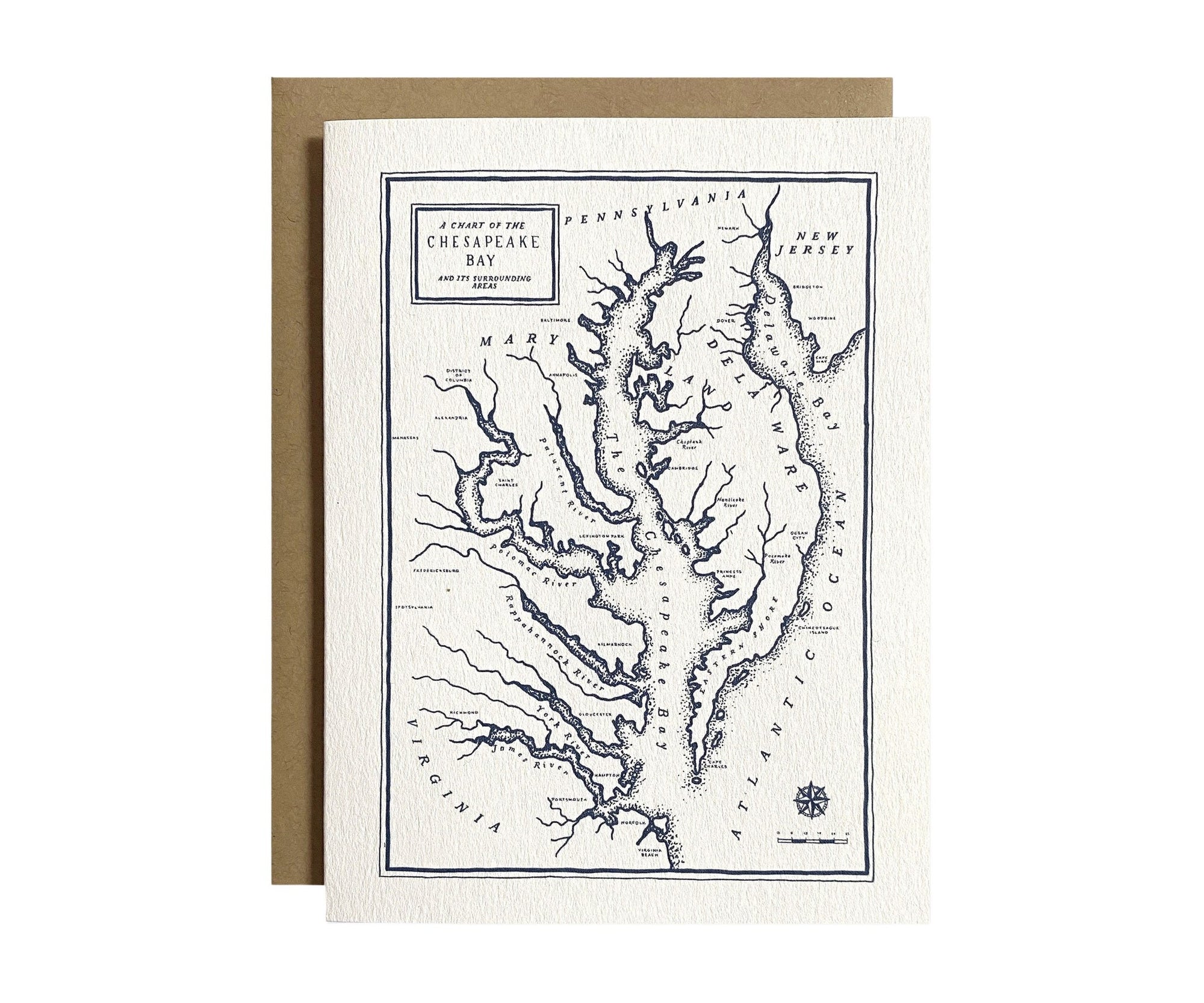 A Chesapeake Bay Map Greeting Card Featuring Virginia, Maryland and the Rappahannock River, made by The Wild Wander.
