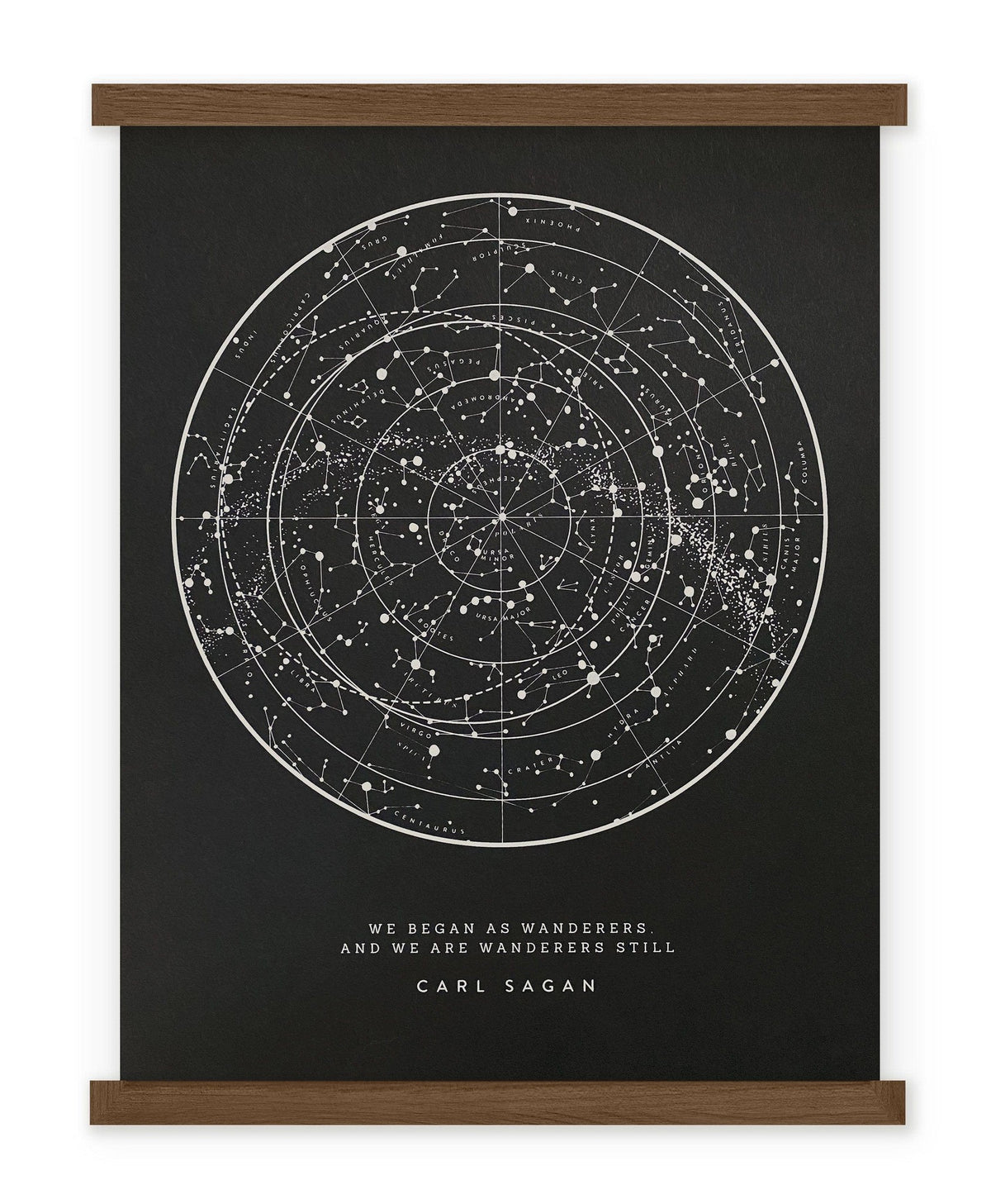A black and white print of The Wild Wander&#39;s Sagan Star Chart 18x24.