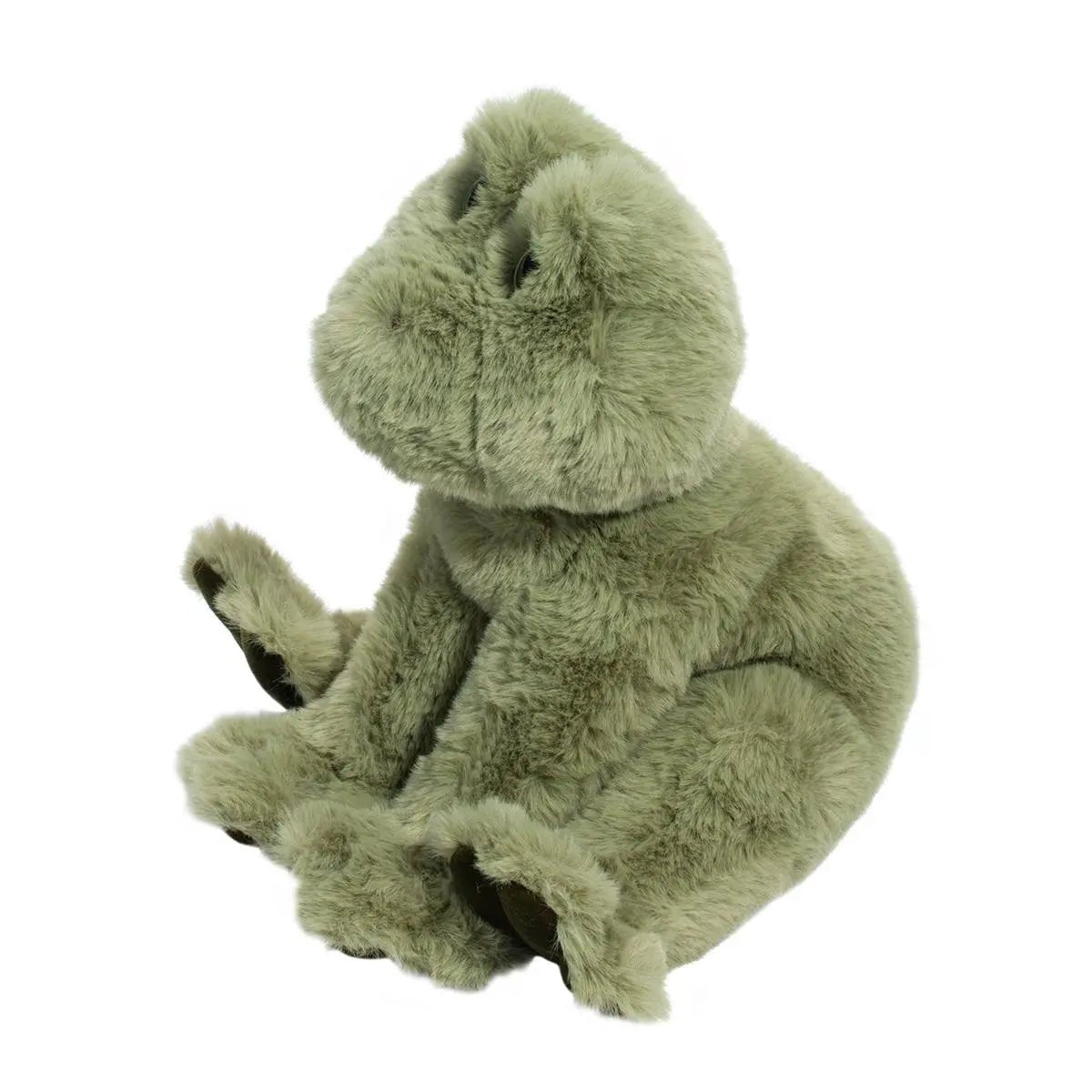 A Finnie Soft Frog from Douglas cuddles on a white background.