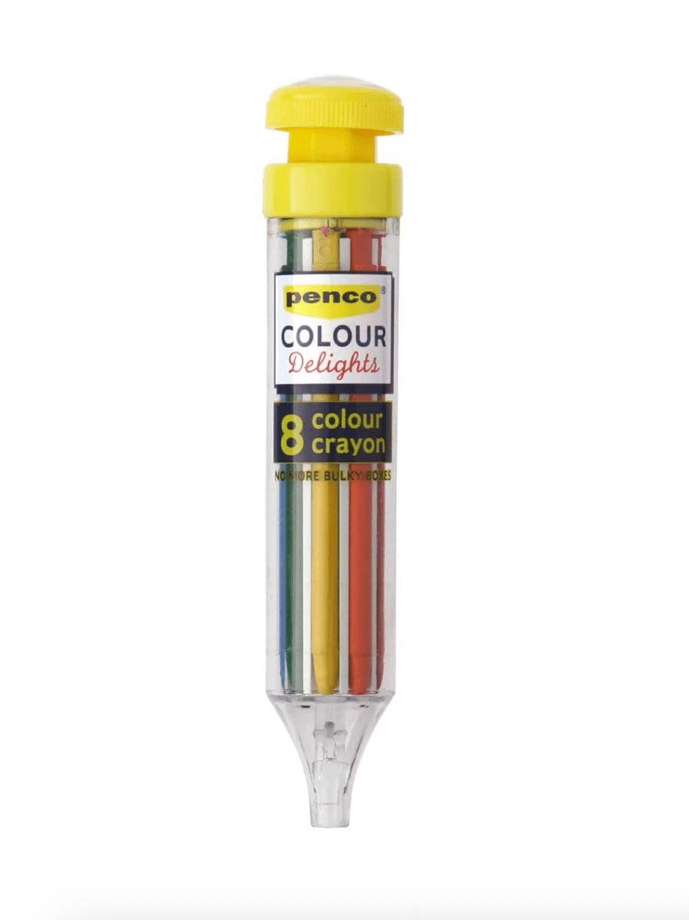 A yellow 8 Color Crayon pen with a rainbow colored tip by PENCO.