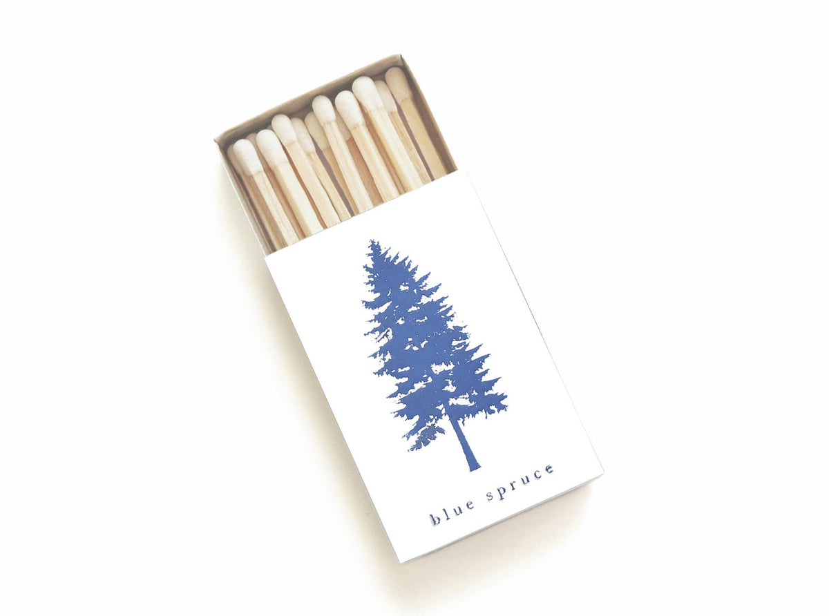 Blue Spruce Tree Matchbox: Gold on White