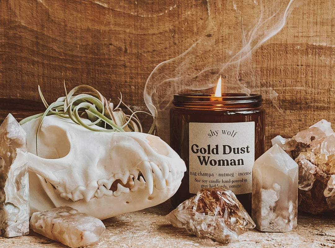 Shy Wolf Candles' Gold Dust Woman Soy Candle - Incense, Nag Champa, Nutmeg.