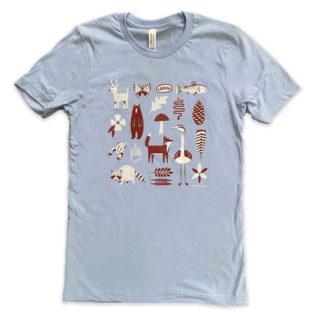 A blue Nature Walk T-Shirt with a graphic design on it from The Wild Wander.