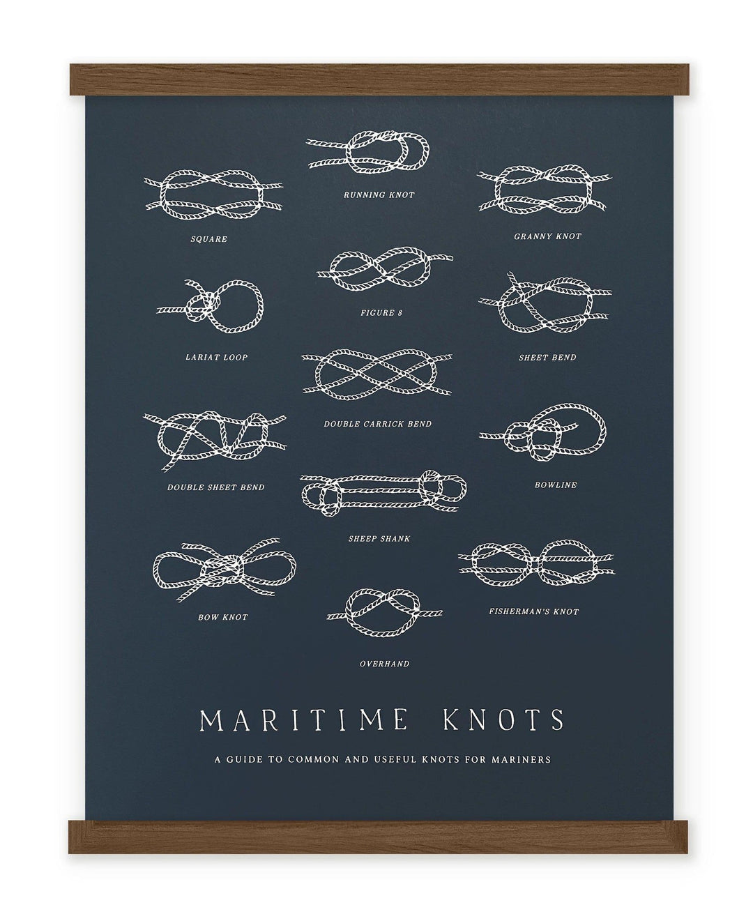 A Nautical Knots Chart 11x14 - Navy poster in a wooden frame by The Wild Wander.