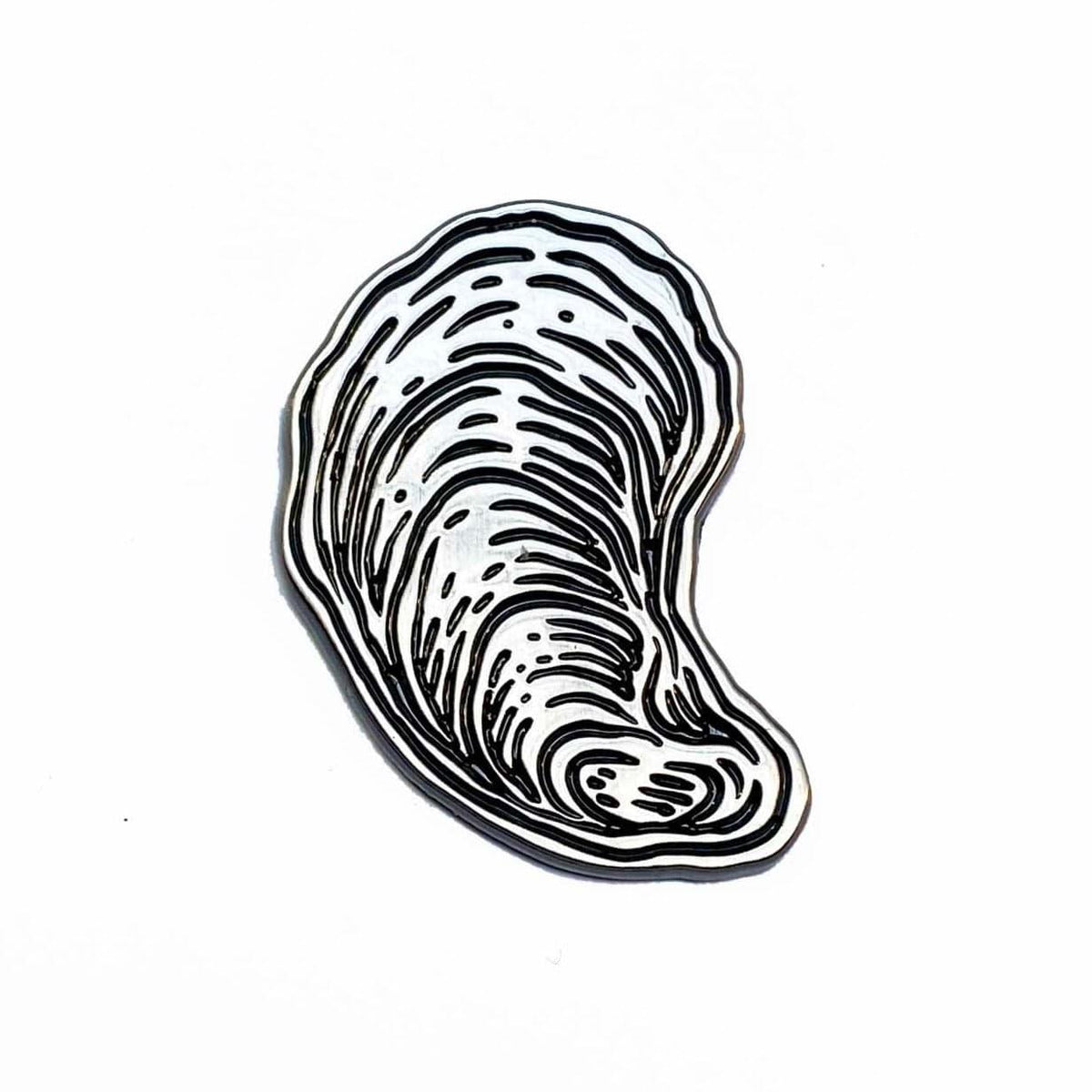 A black and white drawing of an Oyster Enamel Pin by The Wild Wander on a white surface.