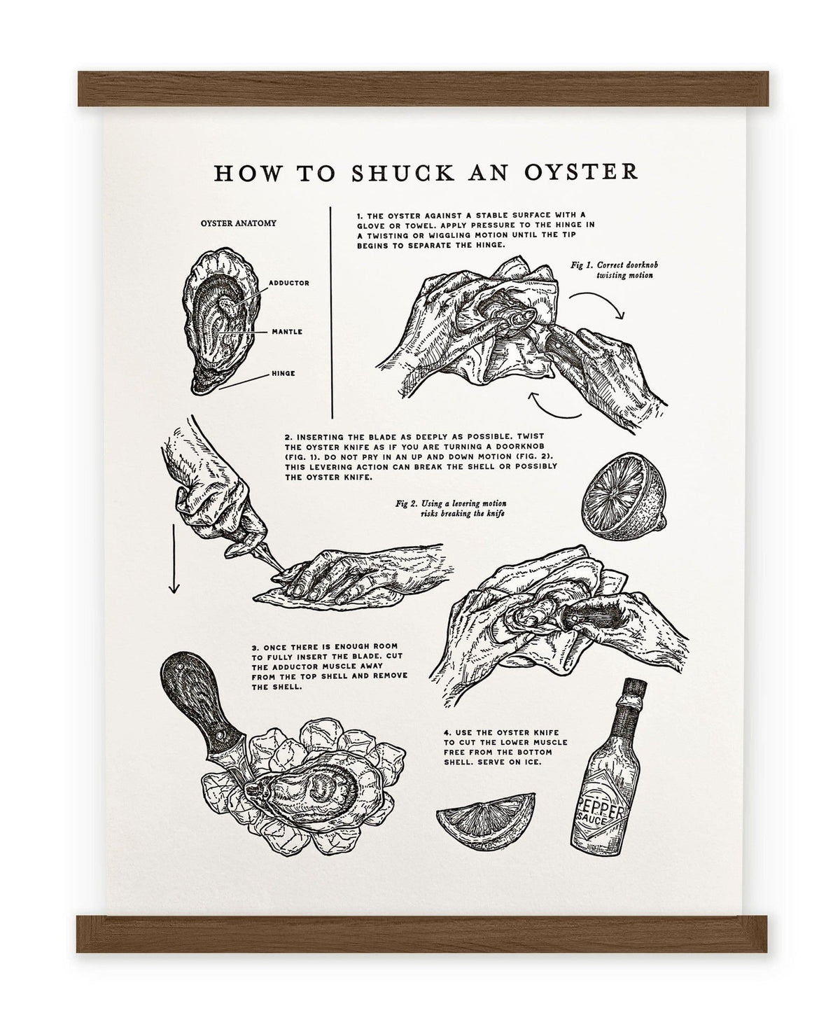 A poster with instructions and pictures of oysters: The Wild Wander Oyster Shucking Guide Letterpress Print.