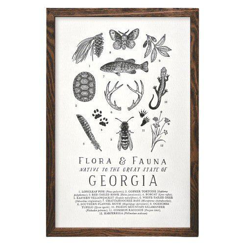 A letterpress print of the Georgia Field Guide by The Wild Wander, showcasing plant and animals of Georgia.