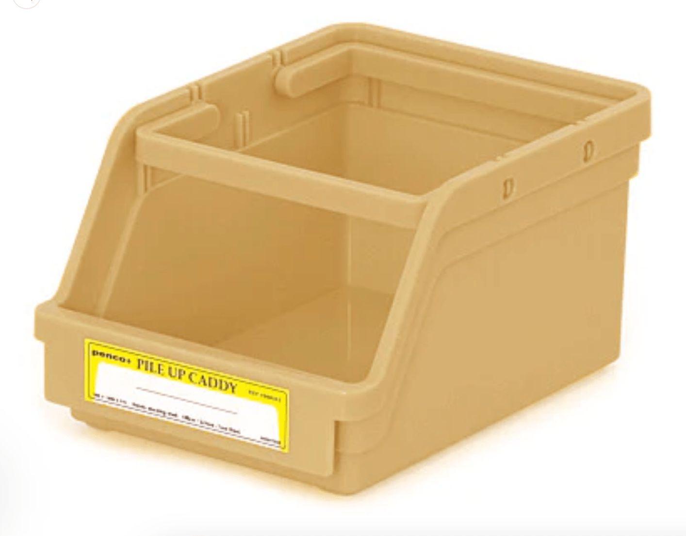 A Pile-up Caddy Beige bin with a yellow label on it. Brand Name: PENCO