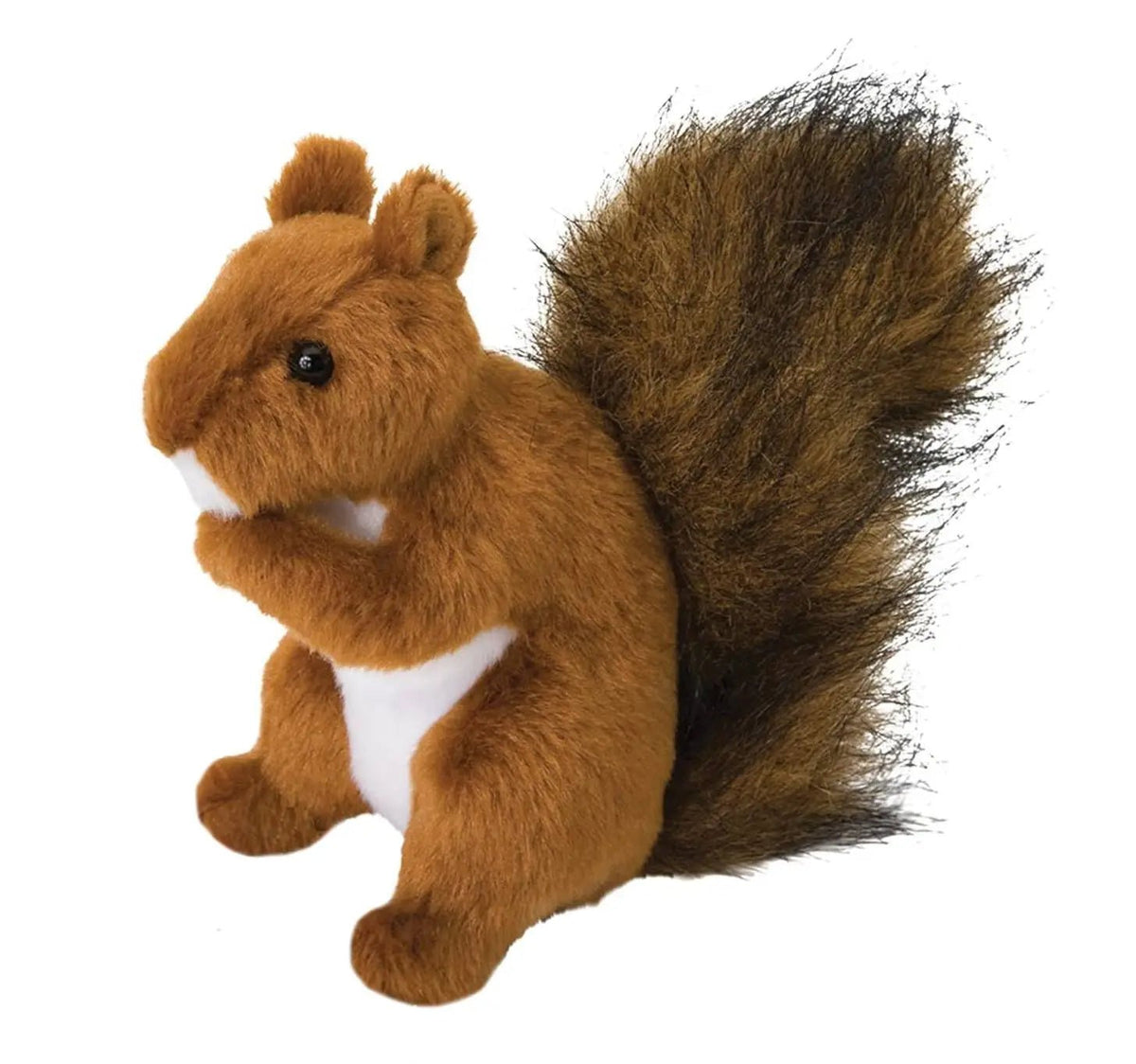 A Douglas plush toy Roadie Red Squirrel sitting on a white background.