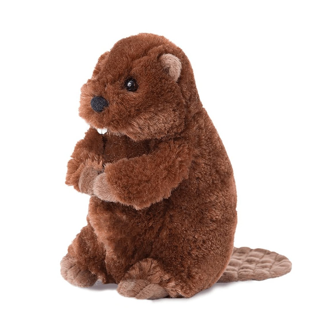 A Buddy Beaver stuffed animal with buckteeth is sitting on a white background.