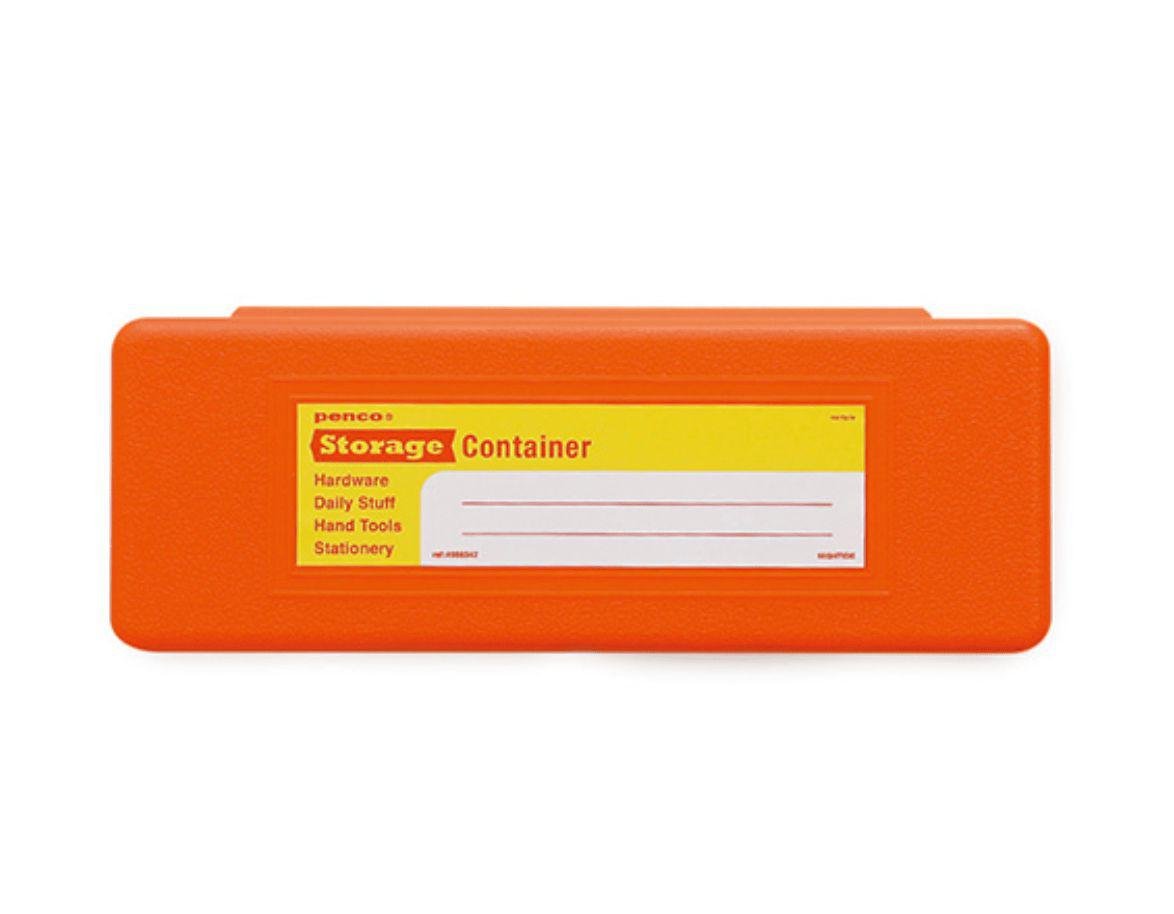 A PENCO Storage Container Pen Case - Orange with a label on it.