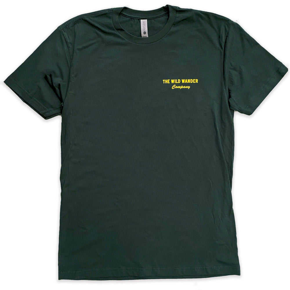 A Wild Wander Duck T-Shirt with a yellow logo on it.